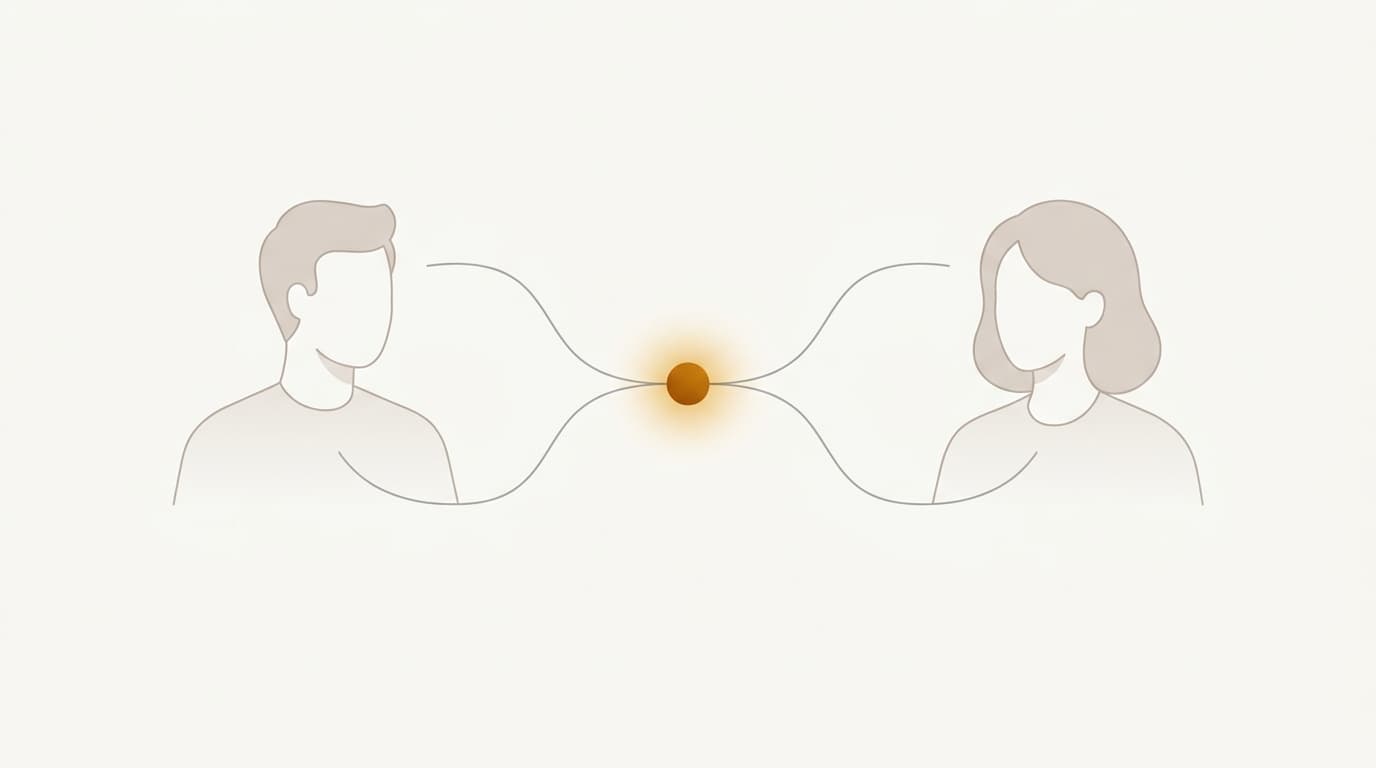 Two people connected through a glowing central node in warm gold — the AI sits in the middle of every conversation, every document, every decision.
