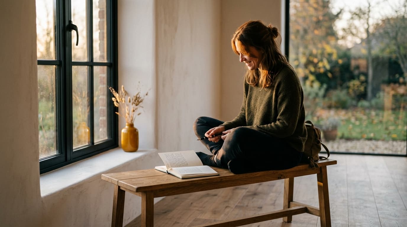 A person sitting on a wooden bench by a window in golden afternoon light, smiling down at an open notebook — relief after a long stretch of fear.