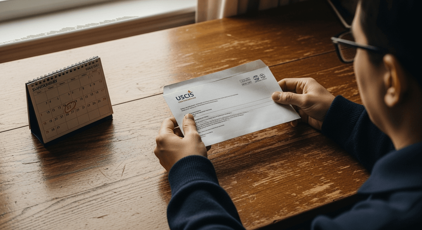 Hands holding a USCIS notice on a worn wooden desk with a calendar to the side — the moment a deadline becomes real.