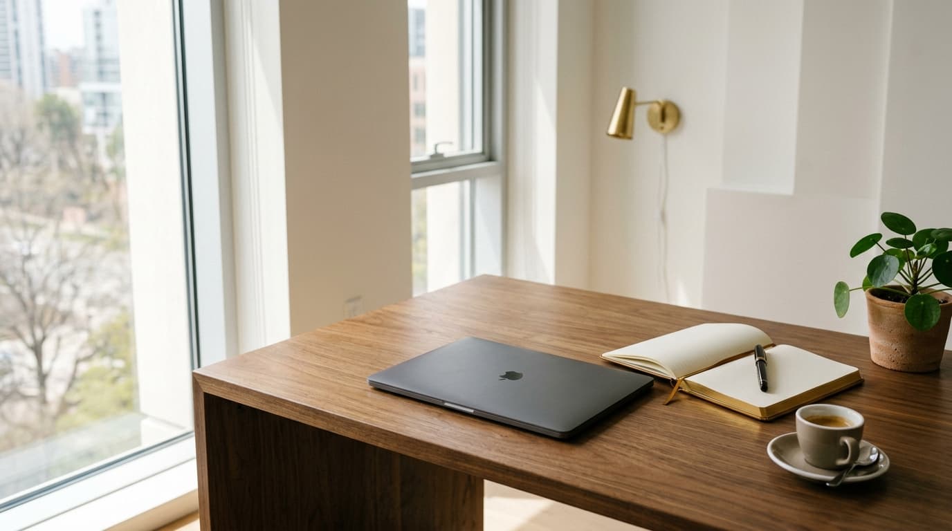 A clean modern wooden desk with closed laptop, open notebook with fountain pen, espresso cup, small plant, and a warm gold sconce on the wall — the practice that organized itself.
