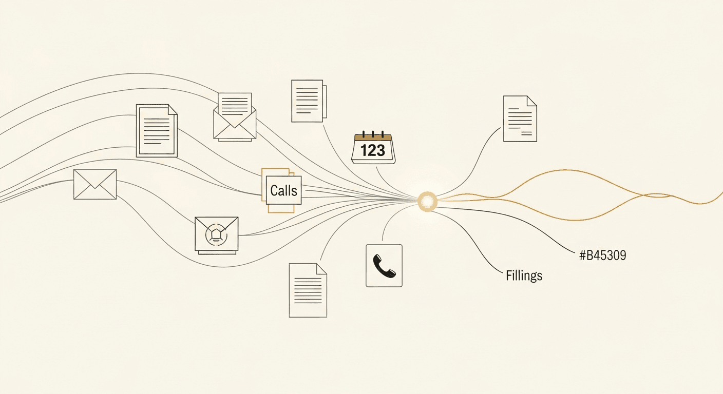 Abstract flowing network diagram showing emails, documents, calendar events, and calls converging into a central intelligence layer.