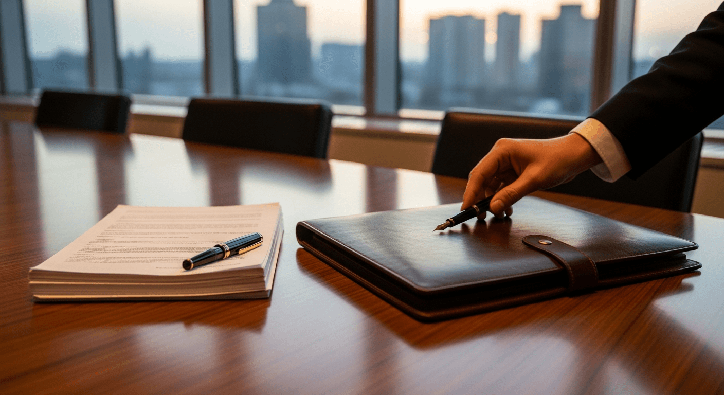 A leather portfolio closed on a polished conference table at golden hour, the work of the day complete.